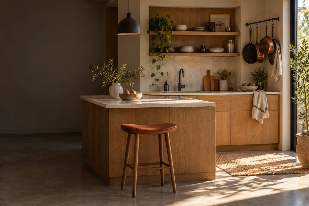 Sunlit oak kitchen with thoughtfully arranged storage