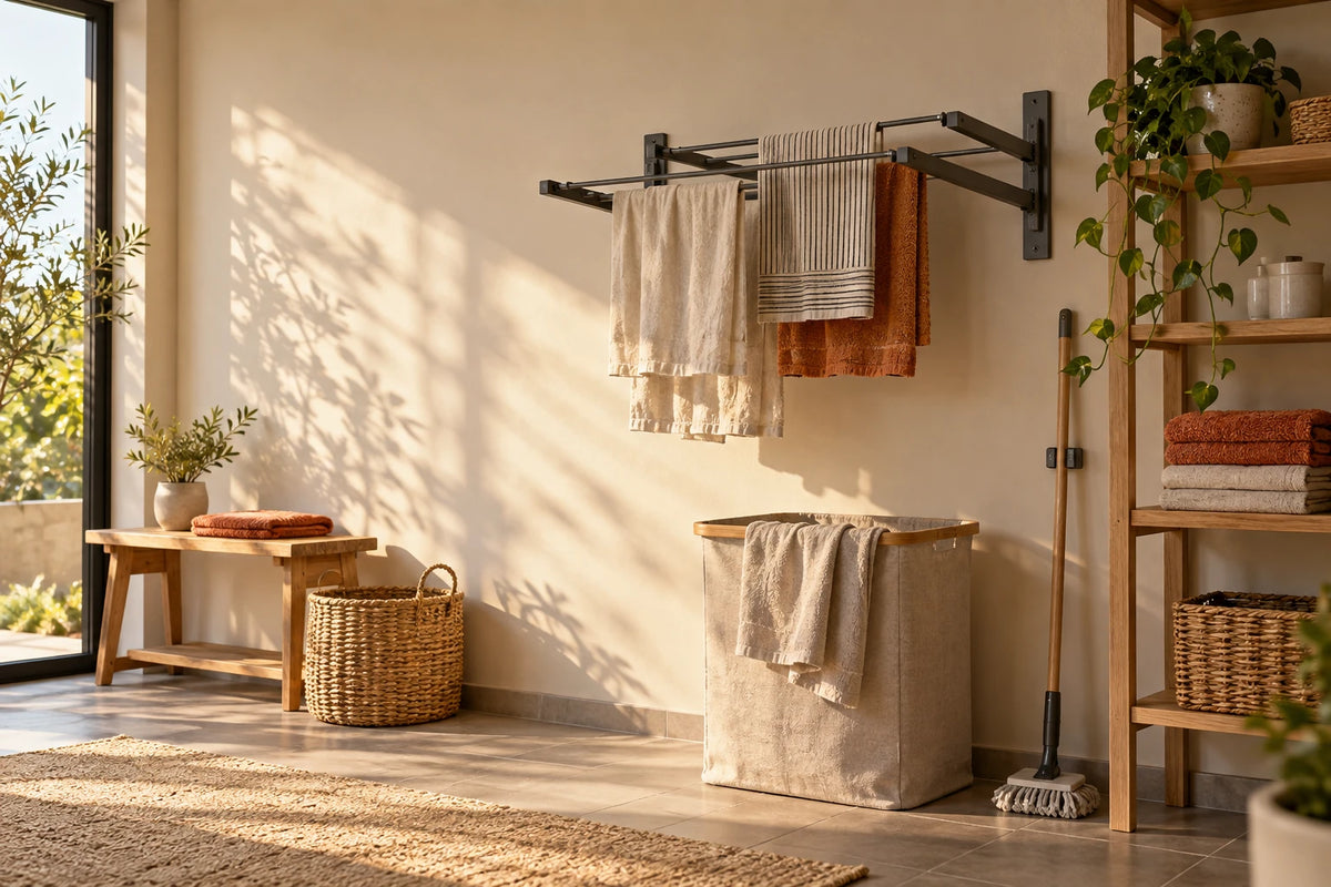 Calm laundry and utility corner with fold-away drying space